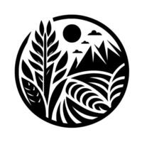 Black and white circular illustration showcasing wheat stalks, mountains, sun, and fields. vector