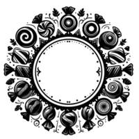 Decorative black and white circular candy frame with assorted sweets and swirls, perfect for invitations or logos. vector