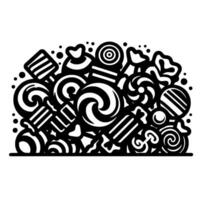 A monochrome illustration depicting a dense pile of various candies, lollipops, and sweets, rendered in a bold, style with stark black and white contrasts. vector