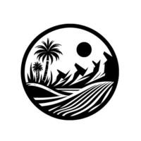 Silhouette of a tropical landscape within a circular frame, featuring palm trees, mountains, sun, and fields in layered black and white style. vector