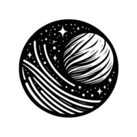 A cosmic illustration of a planet encompassed by flowing lines and surrounded by stars and celestial bodies within a circular frame, embodying a minimalist aesthetic. vector