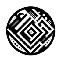 Monochromatic Geometric Composition Circular artwork with contrasting black and white elements squares, lines, and dots creating complex pattern and depth. vector