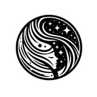 A YinYang Emblem Featuring a Feminine Silhouette Intertwined with a Starry Night Sky Within a Circular Frame in Bold Black and White. vector