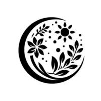 Monochromatic floral featuring a sun, leaves, and flower arranged within a circular frame, evoking elegance and simplicity. vector