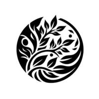 Elegant YinYanginspired Black and White Illustration of a Tree with Leaves, Branches, and Dots in a Circular Shape. vector