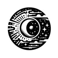 A stylized black and white celestial emblem featuring a crescent moon, stars, clouds, and sun rays within a circular . vector