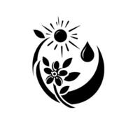 Monochromatic stylized illustration of a flower, sun, and water droplet within a crescentshaped frame, symbolizing growth and life. vector