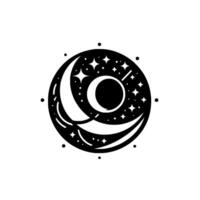 A stylized black and white celestial , featuring a crescent moon, stars, and a central circular element within a circular frame. vector