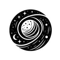 Abstract Black and White Circular Illustration of a Celestial Scene Featuring a Swirling Galaxy, Planet, Moon, and Stars. vector