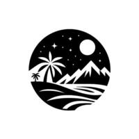 Silhouette of tropical island under a starry night sky with mountains, palm trees, and a full moon inside a circle. vector