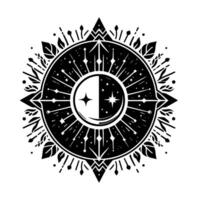 Intricate Celestial Mandala Black and White featuring a Crescent Moon with Stars, surrounded by radiating Lines, Geometric Accents, and stylized Foliage. vector