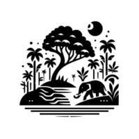 Black and white minimalist illustration of an elephant walking near a stylized river amidst lush tropical vegetation, with a crescent moon. vector
