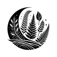Monochrome botanical crescent featuring an array of stylized ferns and foliage, accented by stars and flowing lines, creating a harmonious and elegant composition. vector