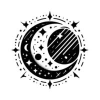 Mystical Celestial Crescent Moon and Striped Planet within a StarDusted Cosmos in a Bold Black and White vector