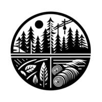 A circular illustration of a natural scene in a black and white symmetrical . vector