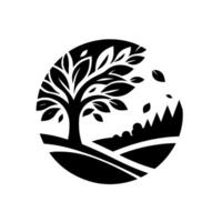 Circular Black and White A stylized tree with falling leaves and a landscape of hills and mountains, enclosed in a circle. vector