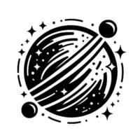 Monochromatic illustration of a stylized celestial body with stripes and two orbiting spheres, surrounded by stars, embodying space and cosmic themes. vector