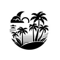 Black and white circular minimalist tropical scene with palm trees, moon, sun, and clouds, creating a serene beachscape . vector