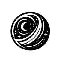 Black and White Circular Illustration Crescent Moon, Stars, and Swirling Cosmic Elements within a stylized . vector