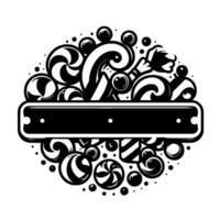 Black and White Candy Circular Composition of Lollipops, Swirls, and Candied Elements Above a Rectangular Banner. vector