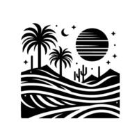 Minimalist Black and White Desert Landscape with Palm Trees, Cactus, Crescent Moon, Sun and Stars, a Art Illustration vector