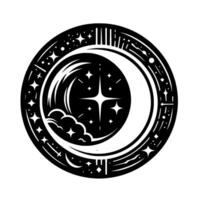 Intricate black and white circular emblem featuring a crescent moon, starry sky, and ornamental border with a celestial theme. vector