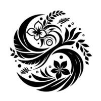YinYang Inspired Floral Arrangement A symmetrical black and white featuring stylized flowers, leaves, and swirling patterns in a circular composition. vector