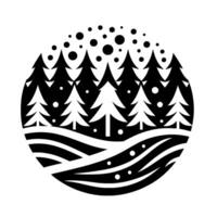 A symmetrical black and white circular features stylized fir trees and a snowy landscape. The minimalist conveys winter and nature. vector