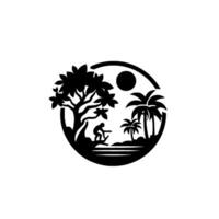 A minimalist black and white showcasing a surfer catching a wave near a tropical beach with palm trees under a bright sun within a circular frame. vector