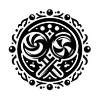 Intricate Black and White Circular Featuring Stylized Lollipops and Ornamental Border Elements. vector