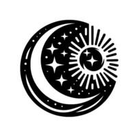 Black and white celestial with a crescent moon, stars, and sun forming a harmonious, balanced composition, radiating mystical energy. vector