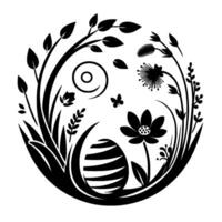 Minimalist Black White Easter Egg, Floral and Foliage Composition in Circle, Spring, and Nature vector