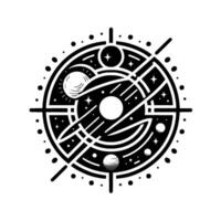 Intricate monochrome cosmic diagram featuring celestial bodies, constellations, and orbits, rendered in a symmetrical, stylized geometric pattern. vector