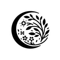 Monochromatic emblem with a crescent moon embracing a sun, stylized flowers, and leafy branches, creating a harmonious natureinspired . vector