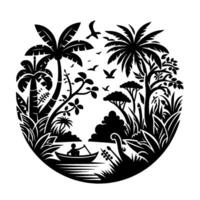 Silhouette of a serene tropical paradise within a circular frame, featuring palm trees, a boat with a person, diverse flora and fauna elements, and birds in flight. vector