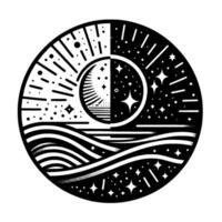 Monochrome Day Night Celestial Mandala A stylized black white artwork depicting sun and moon, stars, and ocean within a circular frame, representing duality. vector