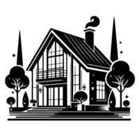 Illustration of a Modern Black and White House with Trees, a Chimney, and Geometric Sun in Background. vector