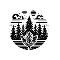 A stylized black and white illustration of a forest scene within a circle, featuring pine trees, clouds, a sun, and a stylized leaf at the forefront. vector
