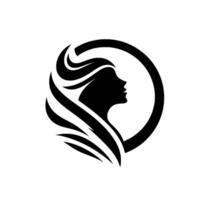 Silhouette of a womans profile within a circle, showcasing stylized hair and flowing lines, in a minimalist black and white . vector