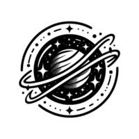 Intricate black and white illustration of a stylized planet encircled by rings and stars against a stark white backdrop, evoking a sense of cosmic wonder. vector