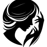 Elegant Silhouette of a Woman with Flowing Hair, Hands Near Face, in a Circular, Black and White Minimalist Composition. vector