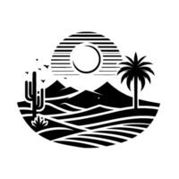 A minimalist black and white desert landscape featuring a stylized sun, mountains, cactus, palm tree, and flying birds. vector