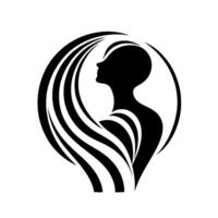Silhouette of a womans profile within a circular , adorned with flowing lines, symbolizing grace and elegance, in a black and white artistic illustration. vector