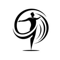 Silhouette of a man in a balanced pose, arms outstretched, encompassed by stylized, swirling lines, conveying freedom and motion. vector