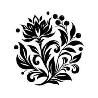 Intricate black and white floral emblem, symmetrical with stylized flower, leaves, berries, and elegant scrollwork on a plain white background. vector