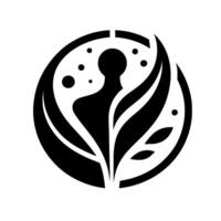 A minimalist emblem, presenting a figure embraced by stylized leaves within a circle, accented by circular elements. vector