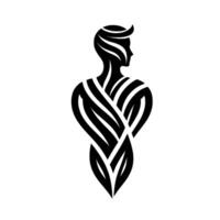 A stylized, abstract silhouette of a person with head turned to the side, body formed by intertwined, leaflike black lines on a white background. vector