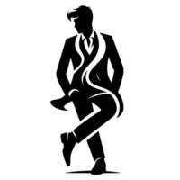 Silhouette of a stylish man in a suit, with a unique, flowing element intertwined, on a stark white backdrop. vector