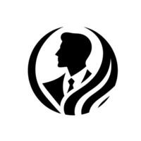Silhouette of a man in a suit profile, within a circular frame, with stylized elements suggesting wings, evoking strength and professionalism. vector