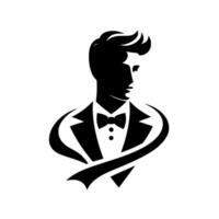 Elegant Black and White Silhouette of a Man in Tuxedo, Bowtie and Formal Wear, with Stylized Swoosh. vector